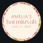 Retro Boho Pink Floral Groovy Bat Mitzvah Custom Classic Round Sticker<br><div class="desc">Retro Boho Pink Yellow Floral Groovy Custom Bat Mitzvah Classic Round Sticker</div>