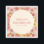 Retro Boho Pink Floral Groovy Bat Mitzvah Custom Napkin<br><div class="desc">Retro Boho Pink Yellow Floral Groovy Custom Bat Mitzvah Napkins</div>