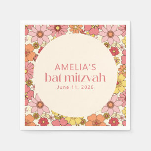 Retro Boho Pink Floral Groovy Bat Mitzvah Custom Napkin