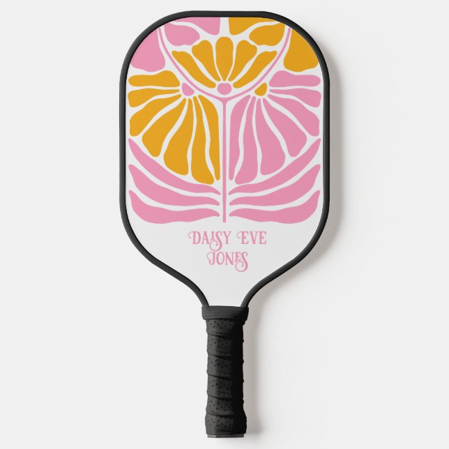Retro Boho Pink Gold Floral Personalized Pickleball Paddle (Front)