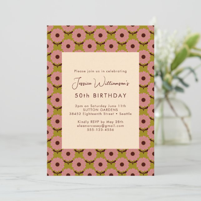 Retro Boho Pink Green Flower Groovy 50th Birthday Invitation (Standing Front)