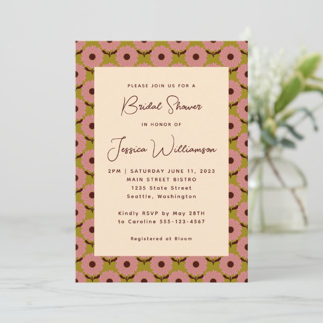 Retro Boho Pink Green Flower Groovy Bridal Shower Invitation (Standing Front)