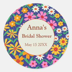 Retro Boho Pink Orange Floral Bridal Shower  Classic Round Sticker