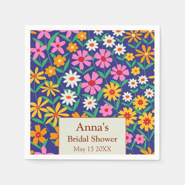 Retro Boho Pink Orange Floral Bridal Shower  Napkin (Front)