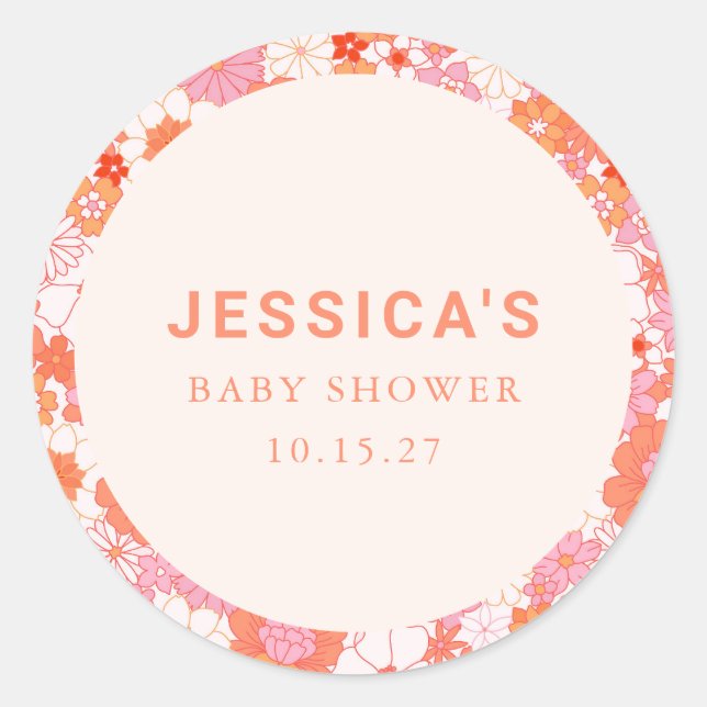 Retro Boho Pink Orange Floral Custom Baby Shower Classic Round Sticker (Front)