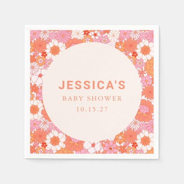Retro Boho Pink Orange Floral Custom Baby Shower Napkin (Front)