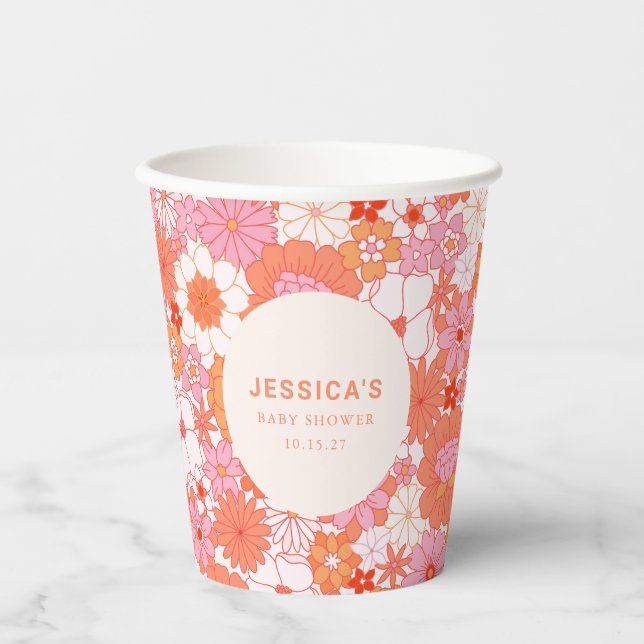 Retro Boho Pink Orange Floral Custom Baby Shower Paper Cups (Front)