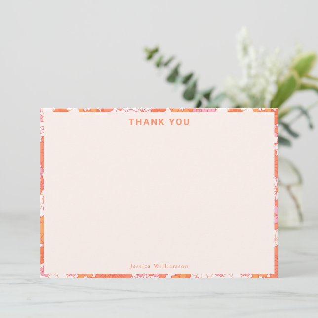 Retro Boho Pink Orange Floral Cute Baby Shower Thank You Card (Standing Front)