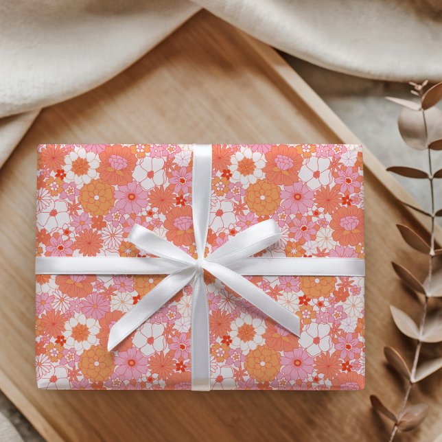 Retro Boho Pink Orange Floral Cute Baby Shower Wrapping Paper (Creator Uploaded)