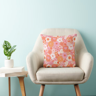 Retro Boho Pink Orange Floral Cute Flowers Cushion