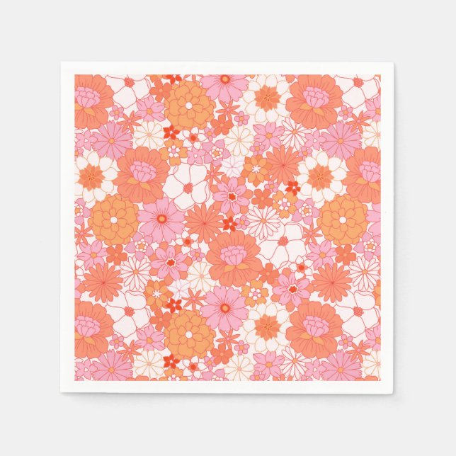 Retro Boho Pink Orange Floral Cute Flowers Napkin (Front)