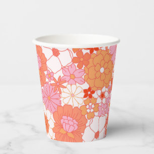 Retro Boho Pink Orange Floral Cute Flowers Paper Cups