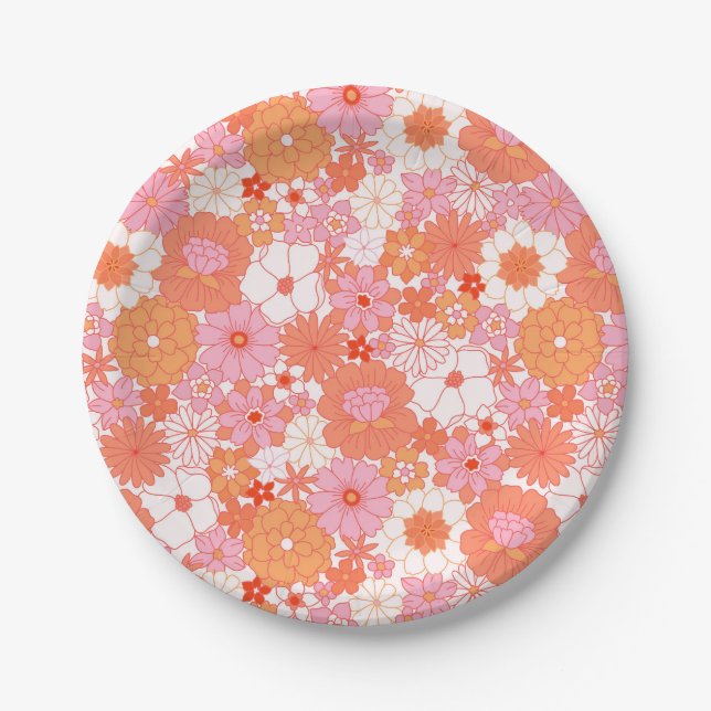 Retro Boho Pink Orange Floral Cute Flowers Paper Plate (Front)