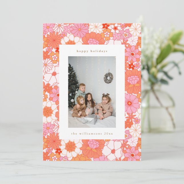 Retro Boho Pink Orange Floral Cute Photo Holiday Card (Standing Front)