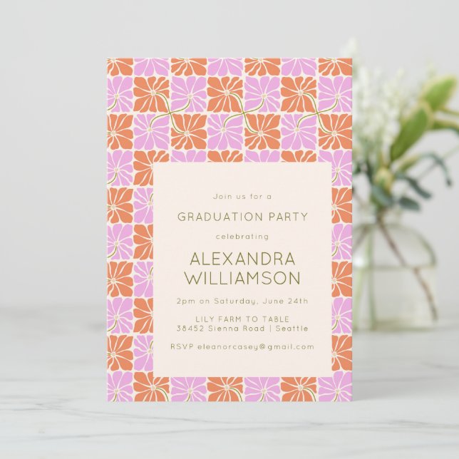 Retro Boho Pink Orange Floral Graduation Party Invitation (Standing Front)