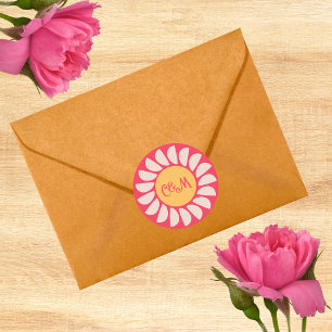 Retro Boho Pink & Orange floral Wedding Monogram Classic Round Sticker