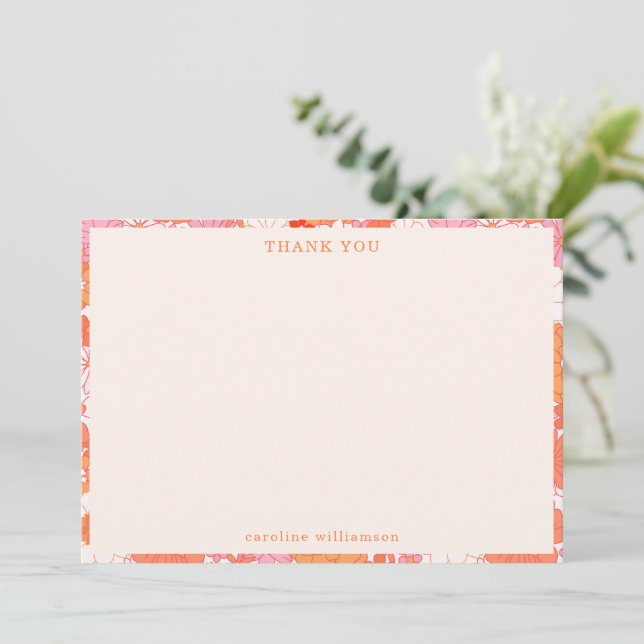Retro Boho Pink Orange Flowers Personalised Name Thank You Card (Standing Front)