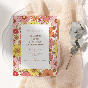 Retro Boho Pink Yellow Floral 100th Birthday Party Invitation