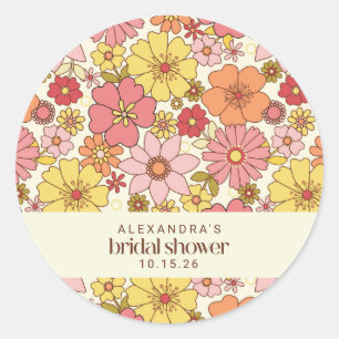 Retro Boho Pink Yellow Floral Bridal Shower Custom Classic Round Sticker