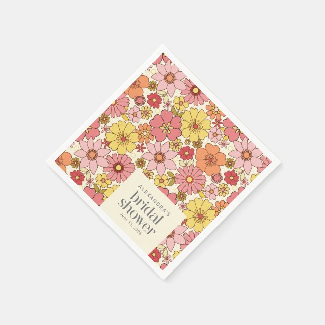 Retro Boho Pink Yellow Floral Bridal Shower Custom Napkin (Corner)