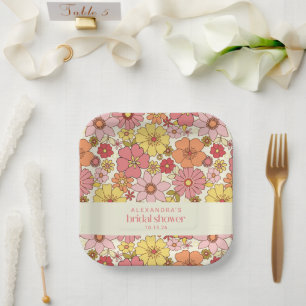 Retro Boho Pink Yellow Floral Bridal Shower Custom Paper Plate