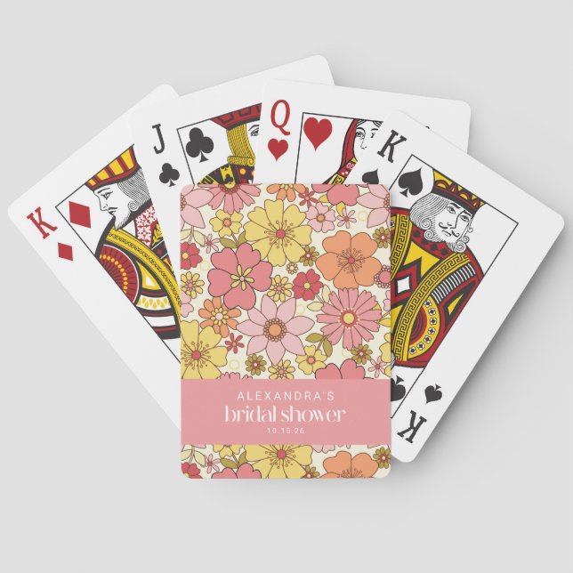 Retro Boho Pink Yellow Floral Bridal Shower Custom Playing Cards (Back)