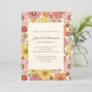 Retro Boho Pink Yellow Floral Groovy 60th Birthday Invitation
