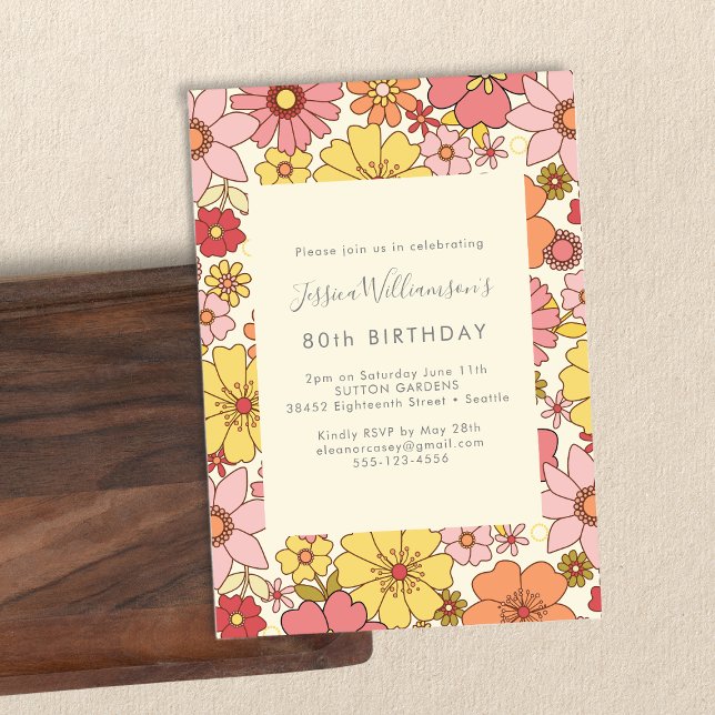 Retro Boho Pink Yellow Floral Groovy 80th Birthday Invitation (Creator Uploaded)