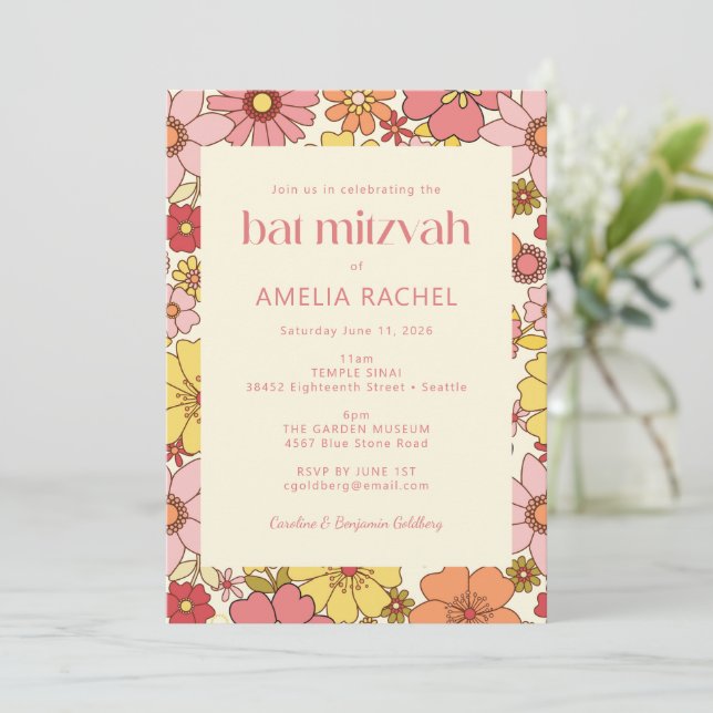 Retro Boho Pink Yellow Floral Groovy Bat Mitzvah Invitation (Standing Front)