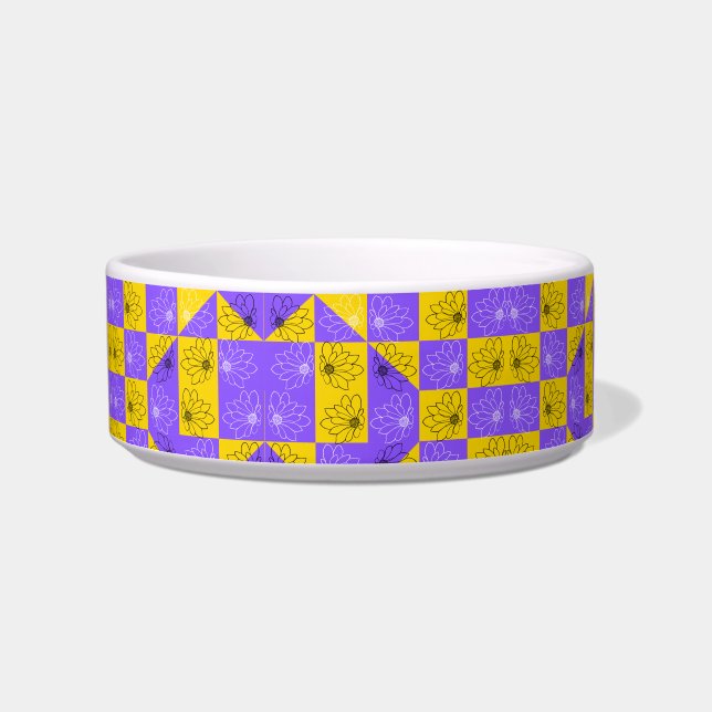 Retro Boho Purple & Yellow Daisy Chequerboard Bowl (Front)
