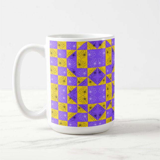 Retro Boho Purple & Yellow Daisy Chequerboard Coffee Mug (Left)