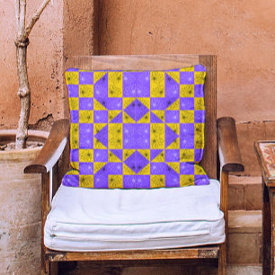 Retro Boho Purple & Yellow Daisy Chequerboard Cushion