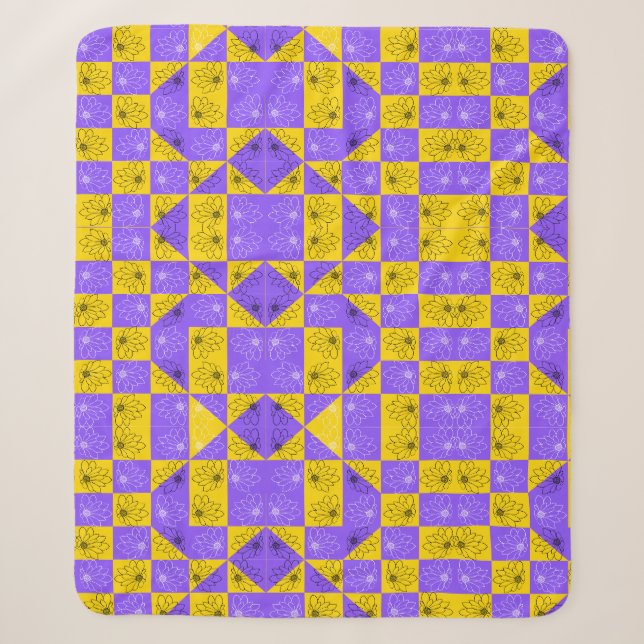 Retro Boho Purple & Yellow Daisy Chequerboard Sherpa Blanket (Front)