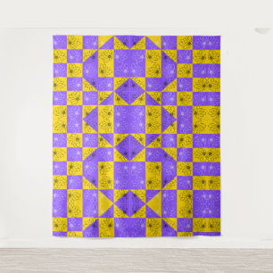 Retro Boho Purple & Yellow Daisy Chequerboard Tapestry
