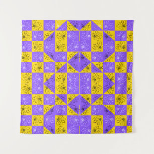 Retro Boho Purple & Yellow Daisy Chequerboard Tapestry