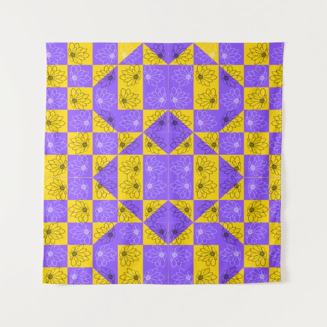 Retro Boho Purple & Yellow Daisy Chequerboard Tapestry (Front)