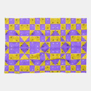 Retro Boho Purple & Yellow Daisy Chequerboard Tea Towel