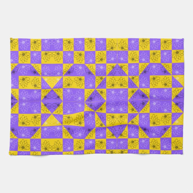 Retro Boho Purple & Yellow Daisy Chequerboard Tea Towel (Horizontal)