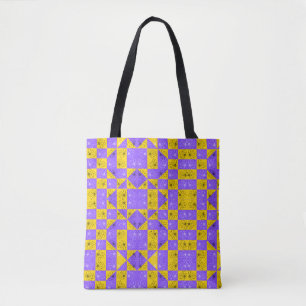 Retro Boho Purple & Yellow Daisy Chequerboard Tote Bag