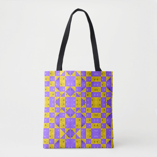 Retro Boho Purple & Yellow Daisy Chequerboard Tote Bag (Front)