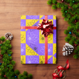 Retro Boho Purple & Yellow Daisy Chequerboard Wrapping Paper