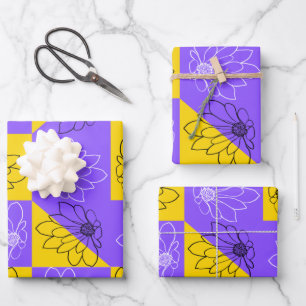 Retro Boho Purple & Yellow Daisy Chequerboard Wrapping Paper Sheet