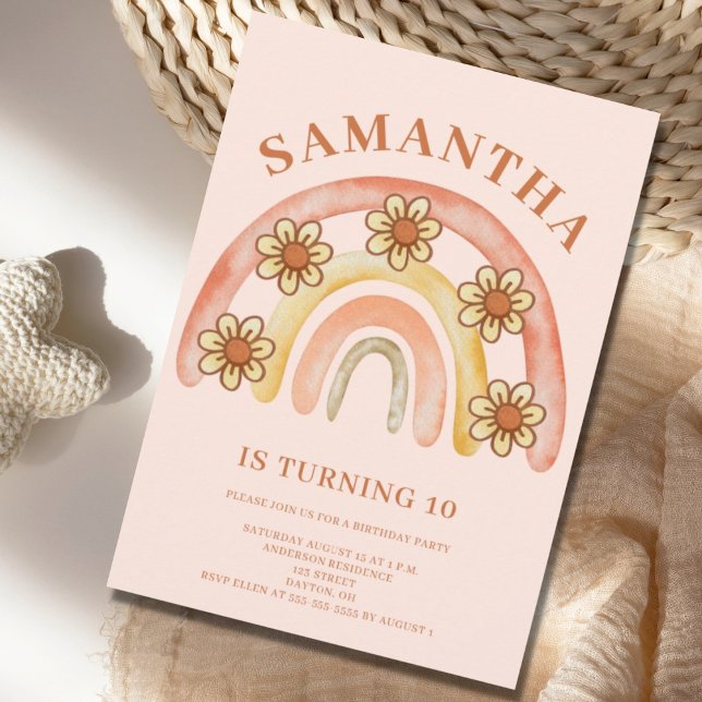 Retro Boho Rainbow 10th Birthday Party  Invitation (Creator Uploaded)