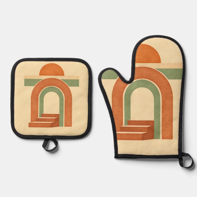 Retro Boho Rainbow Arch Minimalist Design Oven Mitt & Pot Holder Set (Front)