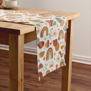 Retro Boho Rainbow Sun Geometric Illustration Short Table Runner