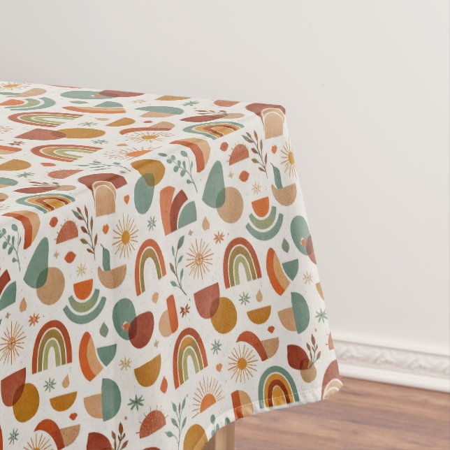 Retro Boho Rainbow Sun Geometric Illustration Tablecloth (In Situ)
