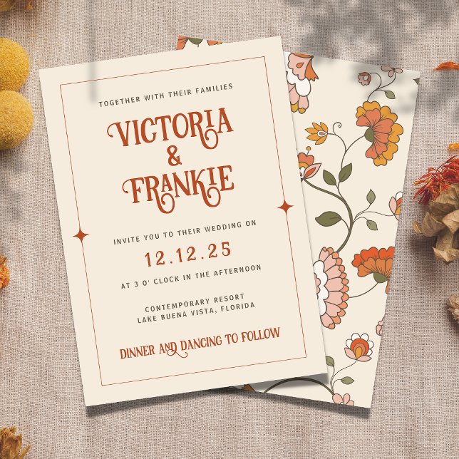 Retro Boho Red Pink Yellow Floral Pattern Wedding Invitation (Creator Uploaded)