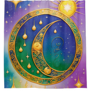 Retro Boho Shower Curtain Vintage Hippie Sun Moon 