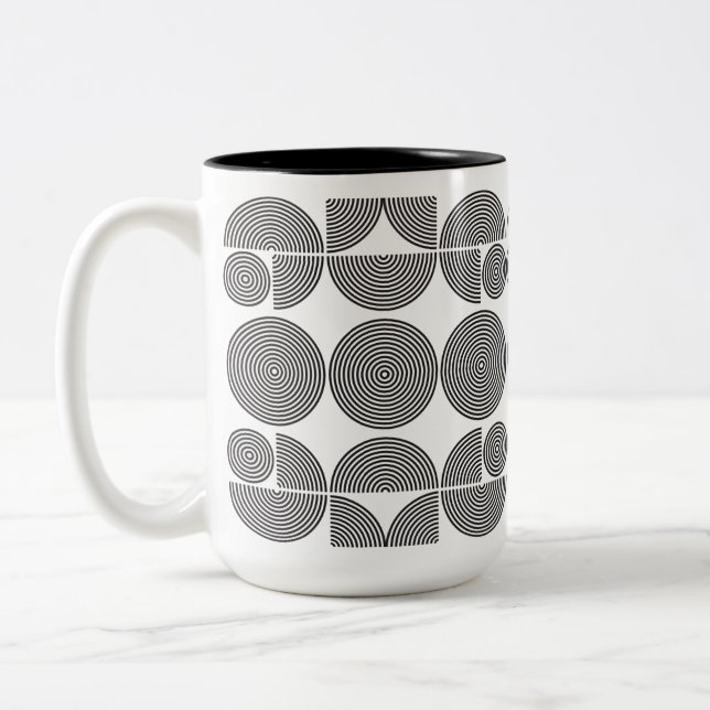 retro boho style modern black geometric pattern Two-Tone coffee mug (Left)