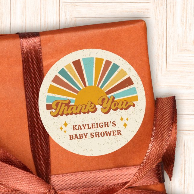 Retro Boho Sun Baby Shower Thank You Name Classic Round Sticker (Creator Uploaded)